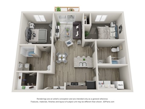 Floor plan for 2 beds, 2 baths, 937 sqft